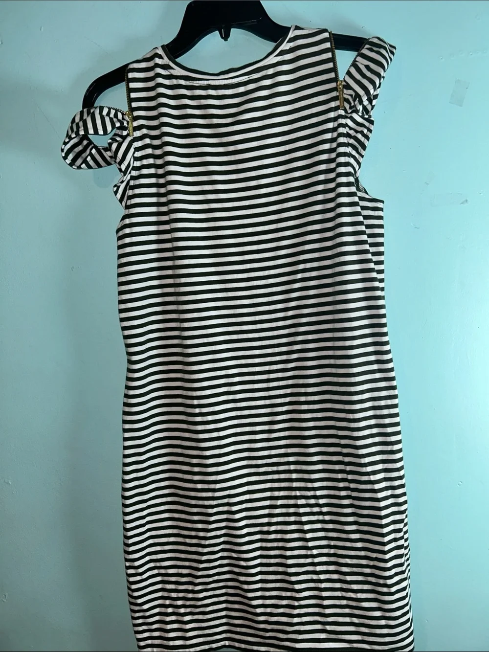 Michael Kors Black and White Striped Cold-Shoulder Dress